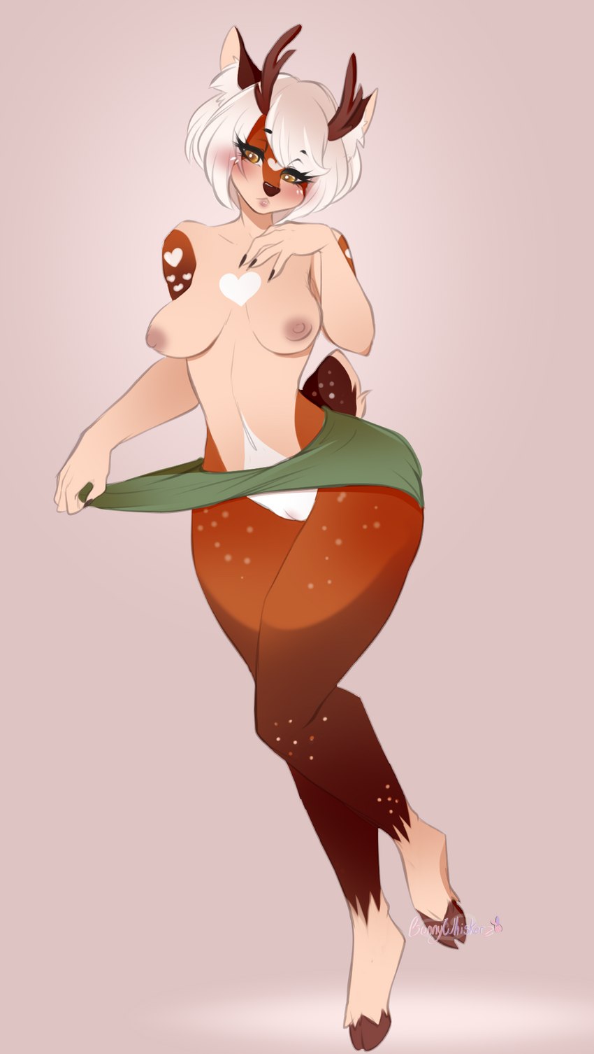 anthro antlers bottomwear breasts brown_hooves clothed clothing female genitals green_eyes hair heart_(marking) hooves horn inner_ear_fluff markings nipples pussy short_hair simple_background skirt solo tail tail_over_skirt topless tuft bunnywhiskerz deer mammal 2021 digital_media_(artwork) hi_res shaded