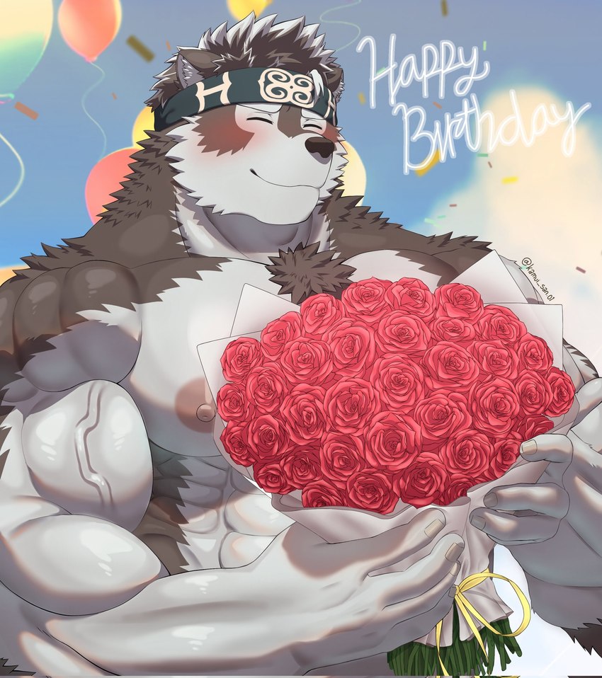 anthro balloon bouquet eyes_closed inflatable male muscular muscular_anthro muscular_male red_rose solo text kamui_san lifewonders tokyo_afterschool_summoners horkeu_kamui_(tas) canid canine canis mammal wolf 2024 english_text hi_res signature