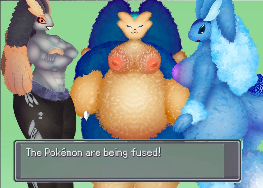 anthro big_breasts blue_body breasts butt eye_contact female fluffy fluffy_tail fur fusion group looking_at_another looking_at_viewer nipples nude open_mouth overweight pokemon_fusion simple_background smile tail text trio xenolith0 nintendo pokemon pokemon_infinite_fusion fan_character snorpunny vaporunny_(japeal) eeveelution generation_1_pokemon generation_4_pokemon humanoid hybrid lopunny machamp pokemon_(species) snorlax vaporeon absurd_res digital_media_(artwork) hi_res