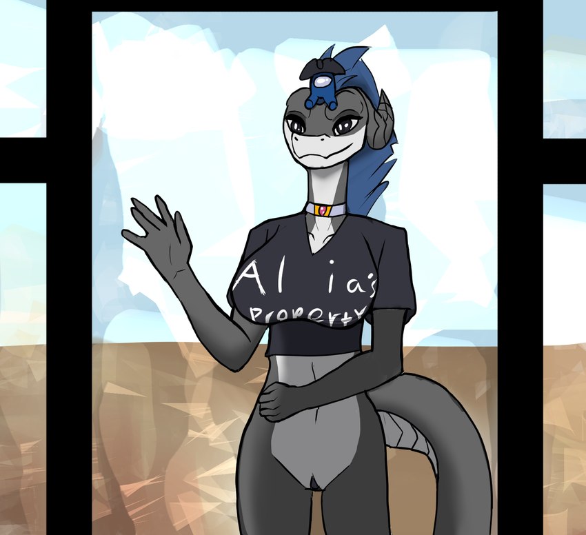 anthro black_clothing black_shirt black_topwear blue_hair clothing collar female gesture grey_body hair shirt solo topwear waving white_body nyo_la_nixan among_us innersloth mythology nyo_la_nixan_(character) draako mythological_creature hi_res