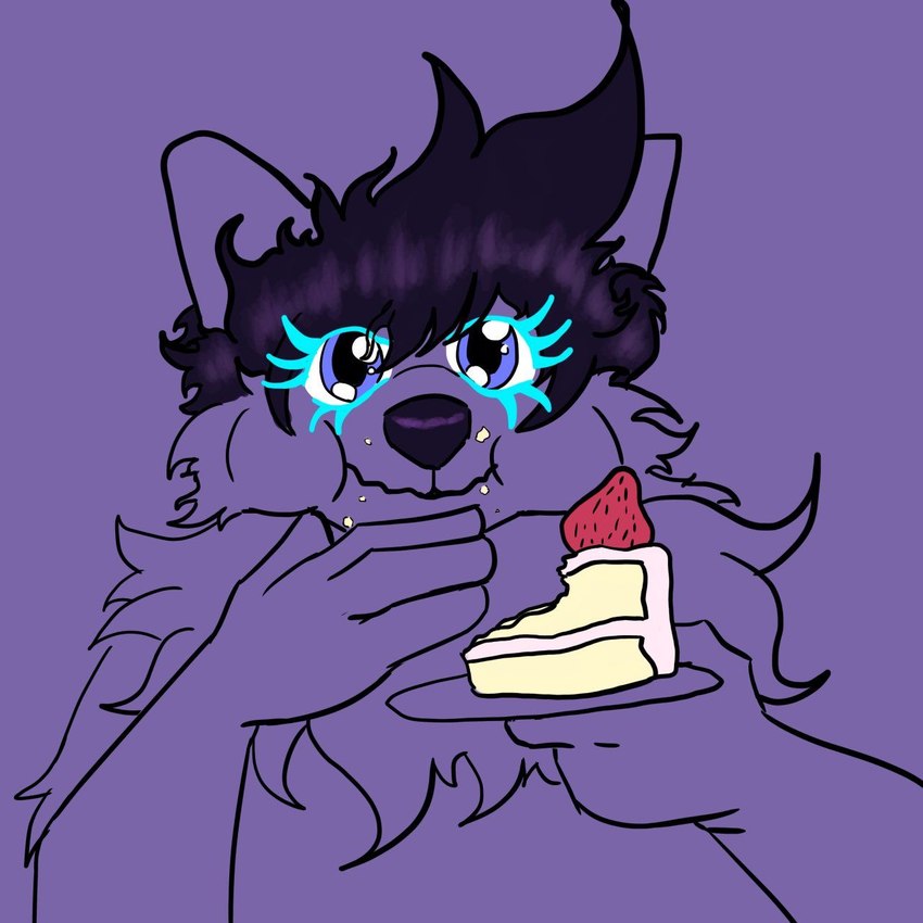 anthro black_hair black_nose blue_eyes cake cake_slice cheek_tuft crumbs dessert eating eating_food facial_tuft fluffy food hair holding_object holding_plate male neck_tuft solo tuft sad_tobey sillybilly 1:1 hi_res