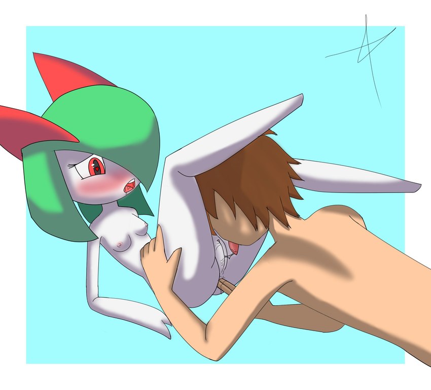 anal anal_fingering blush breasts chestnut_hair duo female fingering genitals green_hair hair heart_pupils male male/female not_furry nude oral white_body kirlia_furtive nintendo pokemon generation_3_pokemon human humanoid kirlia mammal pokemon_(species) hi_res