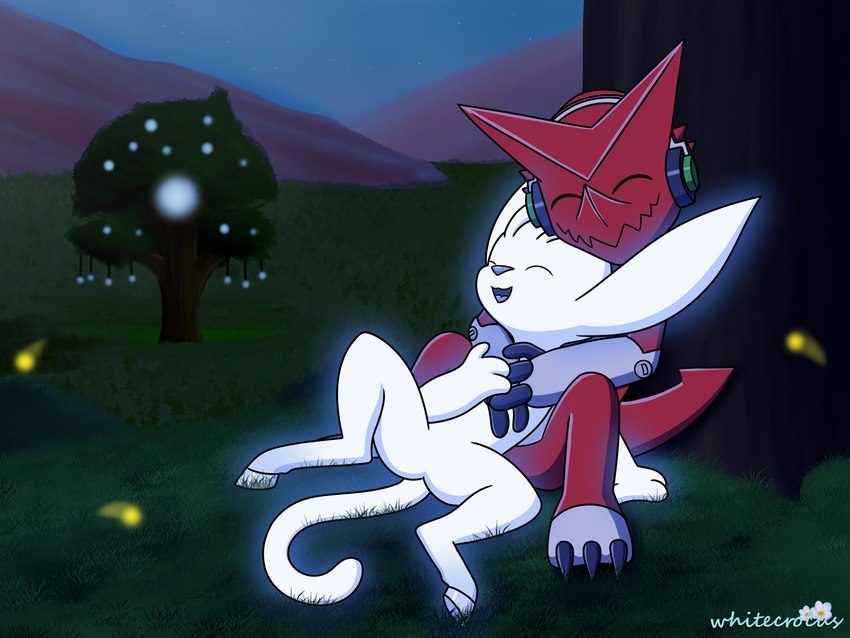 3_fingers ambiguous_gender anthro blue_nose claws cuddling detailed_background duo electronics eyes_closed fingers forest forest_background glowing grass happy headphones hooves male metal mountain nature nature_background open_mouth plant red_body sitting sky smile star starry_sky tree white_body whitecrocus bandai_namco digimon microsoft ori_(series) xbox_game_studios ori_(ori) arthropod beetle digimon_(species) elateroid firefly guardian_spirit insect shoutmon spirit_tree 2024 4:3 digital_media_(artwork) hi_res signature