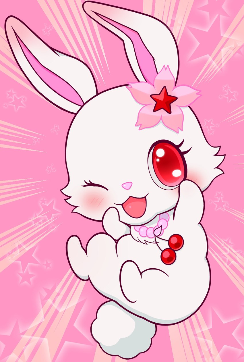 anthro blush bokeh chibi female frutiger_metro fur jewelry legs_up necklace one_eye_closed pink_background red_eyes simple_background solo star star_bokeh white_body white_fur wink y2k_(graphic_design) yoyoinoyoshi jewelpet sanrio sega sega_fave ruby_(jewelpet) lagomorph leporid mammal rabbit hi_res