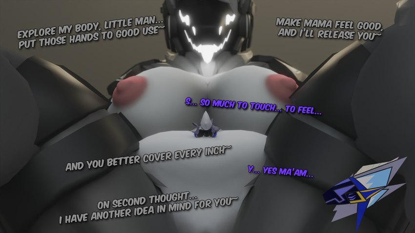 anthro armor armor_only belly big_breasts blep bottom_view breasts crotch_shot dialogue dominant dominant_female duo female glowing glowing_eyes glowing_face glowing_mouth glowing_tongue inside larger_female looking_at_another looking_down_at_partner machine male male/female micro nipples perspective porn_dialogue raised_tail size_difference smaller_male spread_legs spreading tail teasing text tongue tongue_out visor visor_helmet raeal_the_protogen_(artist) raeal_the_protogen mamagen protogen 16:9 3d_(artwork) digital_media_(artwork) english_text watermark widescreen