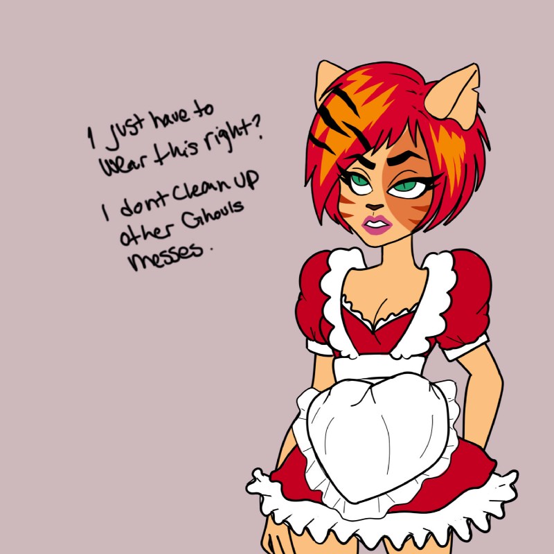 breasts cleavage clothed clothing female green_eyes hair maid_uniform orange_hair solo text uniform msmizu mattel monster_high toralei_stripe animal_humanoid cat_humanoid felid felid_humanoid feline feline_humanoid humanoid mammal mammal_humanoid werecat werecreature werefelid werefeline 1:1 english_text hi_res