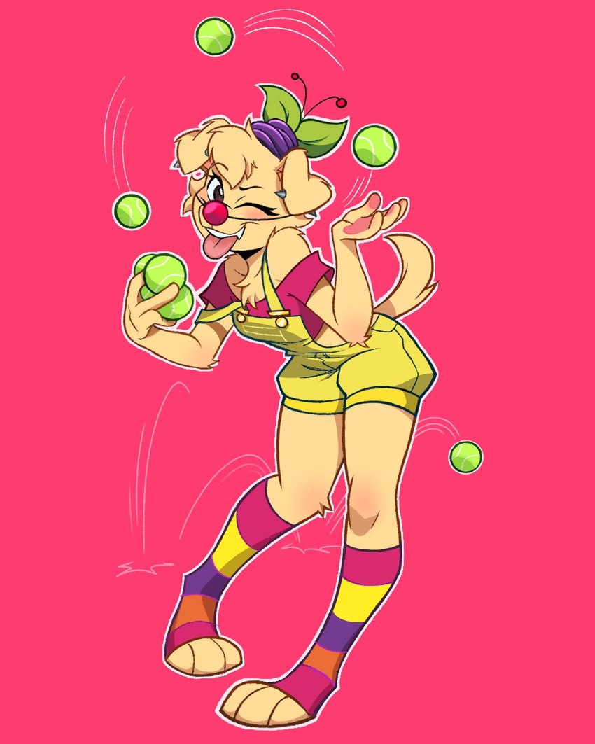 anthro ball biped blush button_ears clothed clothing ear_piercing female female_anthro floppy_ears fully_clothed holding_tennis_ball juggling looking_at_viewer one_eye_closed piercing plant simple_background solo standing tennis_ball tongue tongue_out wink alan_ituriel berri_(cherry_beries) canid canine canis domestic_dog elemental_creature flora_fauna hybrid mammal 2024 4:5 digital_drawing_(artwork) digital_media_(artwork) hi_res