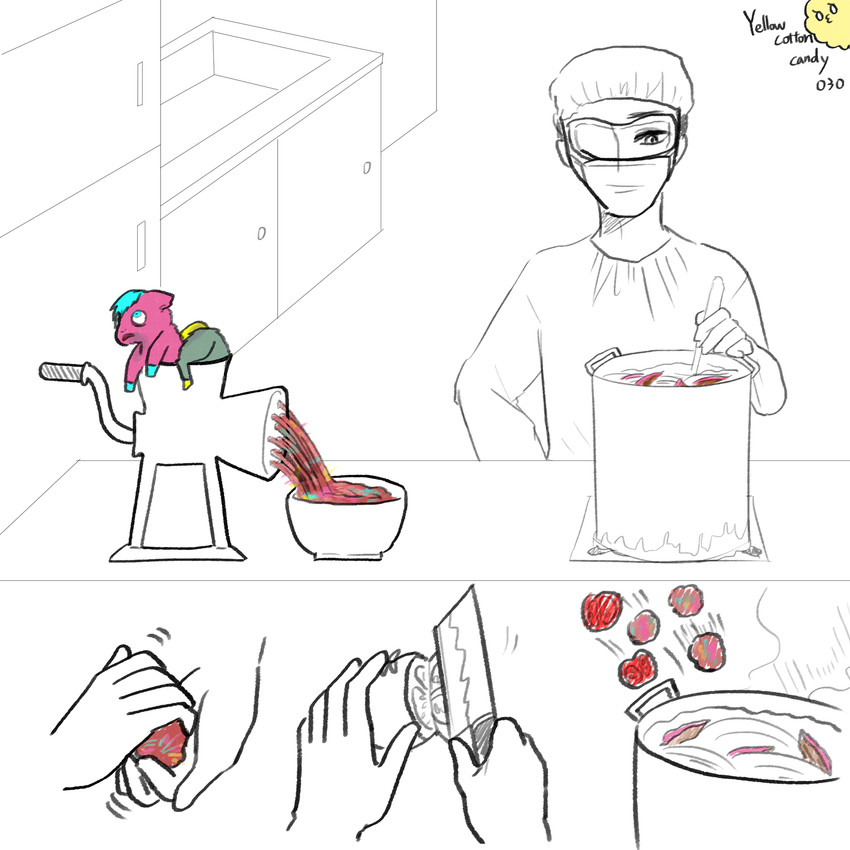 abuse ambiguous_gender ambiguous_human animal_abuse blonde_hair bowl character_prepared_as_food clothed clothed_human clothing container cooking cooking_pot corpse cutlery death eyewear feral fire food fruit fully_clothed fully_clothed_human fur goggles gore green_body green_fur group hair hat headgear headwear kitchen kitchen_knife kitchen_utensils knife lemon machine mask meat_grinder meatball medical_instrument pasta pink_body pink_fur plant scientific_instrument shredder_(machine) spaghetti steam surgical_gown surgical_mask text tools trio young young_ambiguous young_feral yellowcottoncandy030 fluffy_pony fluffy_pony_(species) human mammal 1:1 2025 artist_name digital_media_(artwork) hi_res