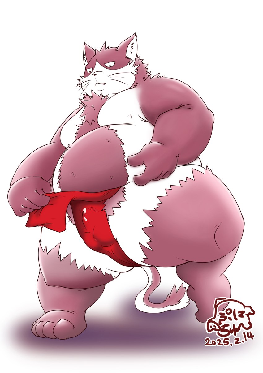 anthro asian_clothing belly big_belly bodily_fluids clothing east_asian_clothing fundoshi genital_fluids japanese_clothing kemono male moobs overweight overweight_male pink_body precum red_clothing red_fundoshi red_underwear solo underwear white_body punichu tamacolle bungo_(tamacolle) domestic_cat felid feline felis mammal 2025 absurd_res hi_res