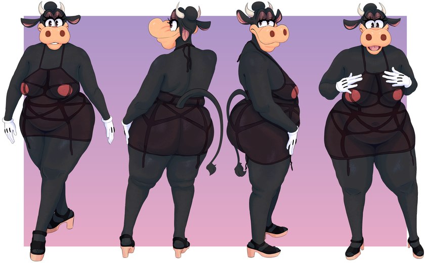 anthro areola bedroom_eyes big_breasts big_butt breasts butt clothing female footwear high_heels lingerie multiple_poses narrowed_eyes navel nipples pose seductive shoes smile solo thick_thighs boolishclara disney clarabelle_cow bovid bovine cattle mammal absurd_res hi_res pinup