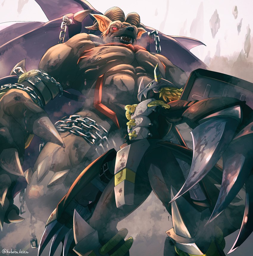 abs anthro armor black_body blonde_hair brown_body brown_fur chain claws duo fur hair horn male muscular muscular_anthro muscular_male muscular_thighs pecs size_difference kubota_keita bandai_namco digimon belphemon belphemon_(rage_mode) blackwargreymon bovid caprine demon digimon_(species) goat mammal scalie hi_res