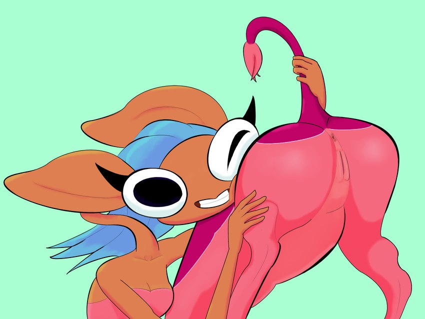 anus blue_hair breasts butt female genitals hair holding_butt holding_tail long_neck orange_body pink_body presenting presenting_anus presenting_hindquarters presenting_pussy pussy solo tail tail_grab tail_pull around_drum centaurworld netflix glendale_(centaurworld) antelope bovid gerenuk gerenuk_taur humanoid mammal taur true_antelope 4:3 hi_res