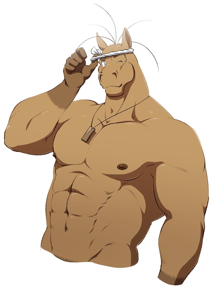 abs accessory anthro brown_body brown_fur clothing dog_tags fur hair headband headgear headwear humanoid_hands jewelry male muscular muscular_male necklace nipples one_eye_closed simple_background solo white_background white_headband wink samoji equid equine horse mammal 2021 hi_res