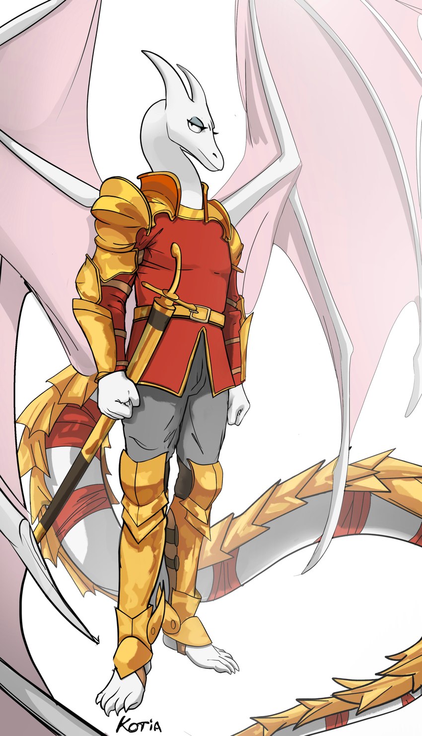 anthro armor armored_tail barefoot claws clothed clothing eyelashes eyeshadow feet horn makeup male melee_weapon membrane_(anatomy) membranous_wings raised_wings shoulder_guards simple_background skinny solo spread_wings tail weapon white_body wings moracine mythology dragon mythological_creature mythological_scalie scalie absurd_res digital_media_(artwork) hi_res