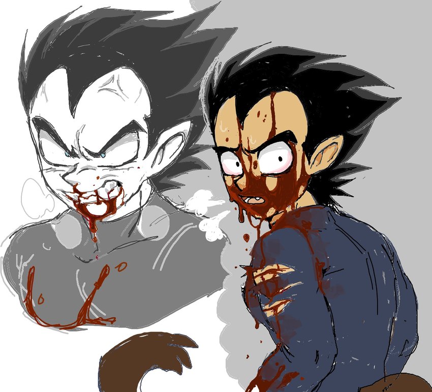 angry black_hair blood blood_on_face blue_clothing blue_shirt blue_topwear bodily_fluids brown_tail clothing gore hair male shirt solo tail topwear shonencore dragon_ball vegeta humanoid saiyan tailed_humanoid hi_res