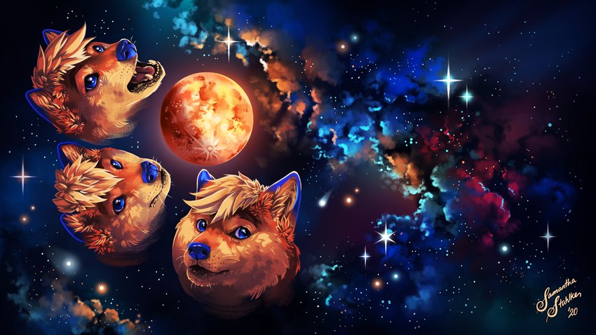 ambiguous_gender blue_eyes blue_nose fur group moon orange_body orange_fur space star whiskers charlatan-of-doom dogelore three_wolf_moon digit_(datshibe) doge canid canine canis domestic_dog mammal shiba_inu spitz 16:9 2020 4k absurd_res hi_res meme widescreen