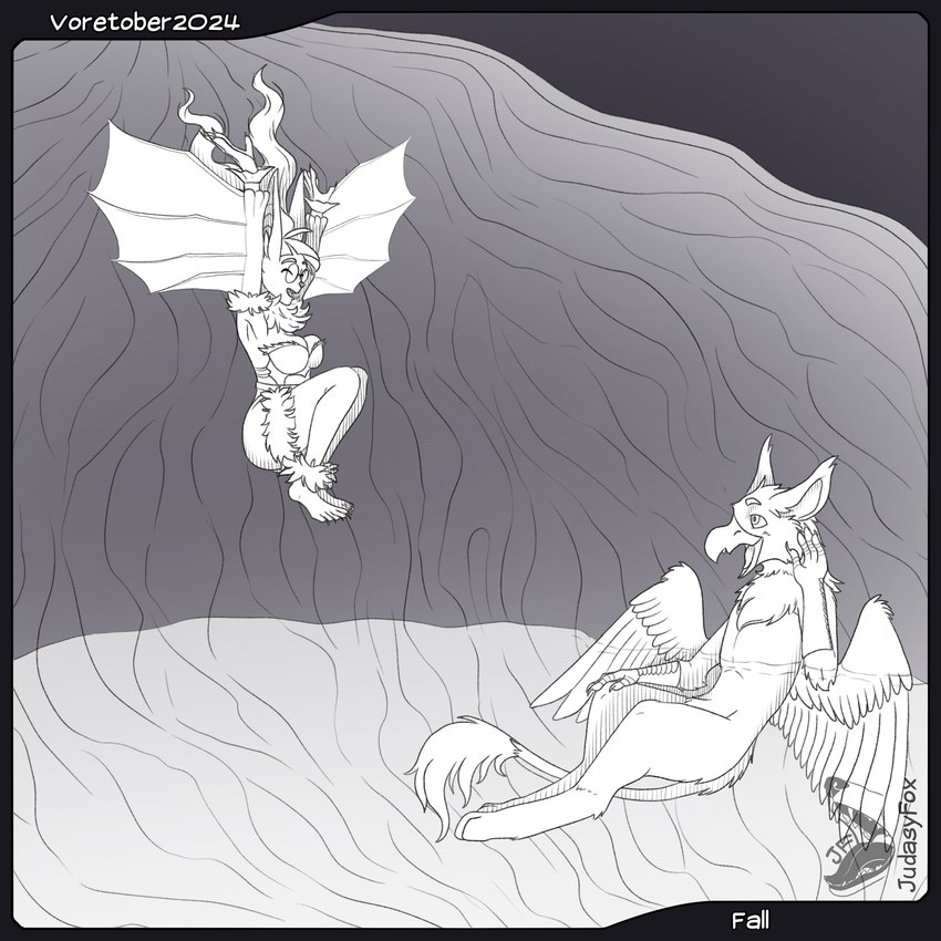 belly falling macro membrane_(anatomy) membranous_wings micro midair oral organs stomach vore wings judasyfox mythology voretober voretober_2024 avian bat gryphon mammal mythological_avian mythological_creature 1:1 absurd_res black_and_white hi_res monochrome sketch