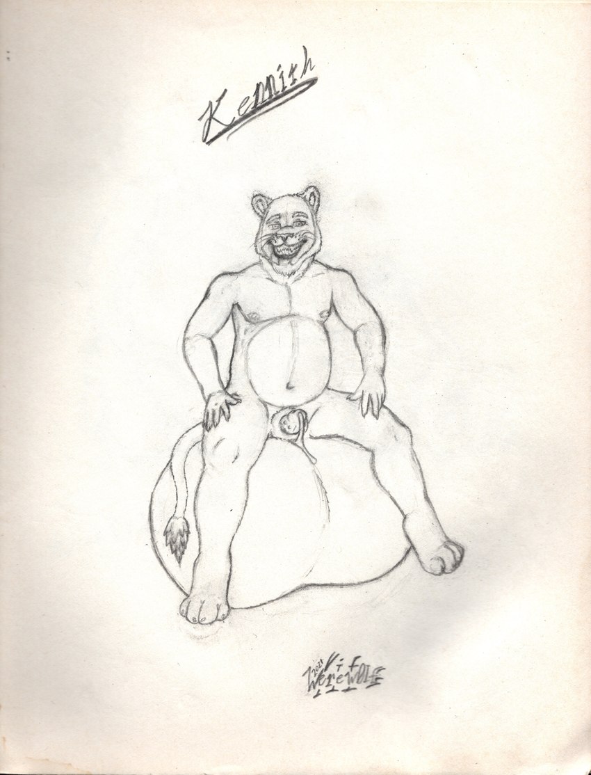 animal_genitalia anthro bald balls belly big_balls bodily_fluids chair facial_hair furniture genital_fluids genitals huge_balls hyper hyper_balls hyper_genitalia kennith male navel nipples nude paws pencil penile_spines penis precum sheath sitting sitting_on_own_balls smile solo tail teeth felid lion mammal pantherine absurd_res hi_res sketch traditional_media_(artwork)