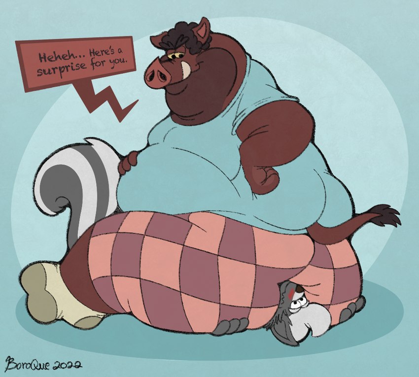 anthro belly big_butt butt clothed clothing dialogue duo facesitting male male/male obese obese_anthro obese_male overweight overweight_anthro overweight_male sitting_on_another size_difference speech_bubble thick_thighs boro-que ray_rhythmus mammal mephitid skunk suid suina warthog