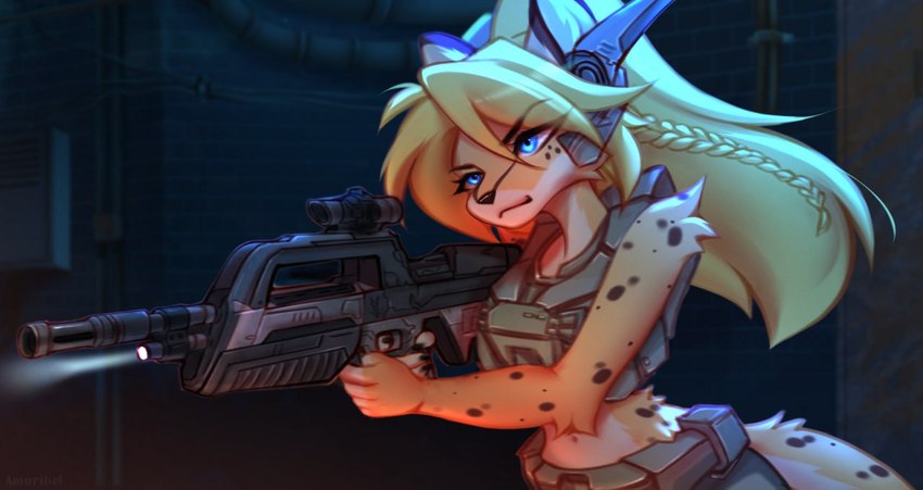 anthro armor bad_trigger_discipline battle_rifle_(halo) blonde_hair blue_eyes clothed clothed_anthro clothed_female clothing female fur gun hair holding_gun holding_object holding_ranged_weapon holding_rifle holding_weapon markings ranged_weapon rifle solo spots spotted_body spotted_fur weapon yellow_body yellow_fur amarihel halo_(series) microsoft xbox_game_studios lena_fluffy_(knox1607) cheetah felid feline mammal