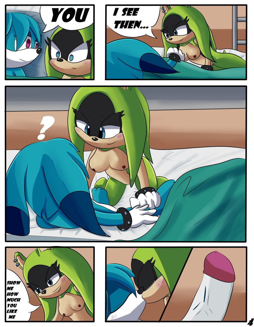 anthro blue_body blush blush_lines breasts clothing comic_panel dialogue duo ear_piercing erection female fur genitals green_body hair_down kiss_on_lips kissing male male/female nude open_mouth penis piercing pussy smile speech_bubble text lawealewd idw_publishing sega sonic_the_hedgehog_(comics) sonic_the_hedgehog_(idw) sonic_the_hedgehog_(series) kitsunami_the_fennec surge_the_tenrec afrosoricid canid canine fennec_fox fox mammal tenrec true_fox comic english_text hi_res