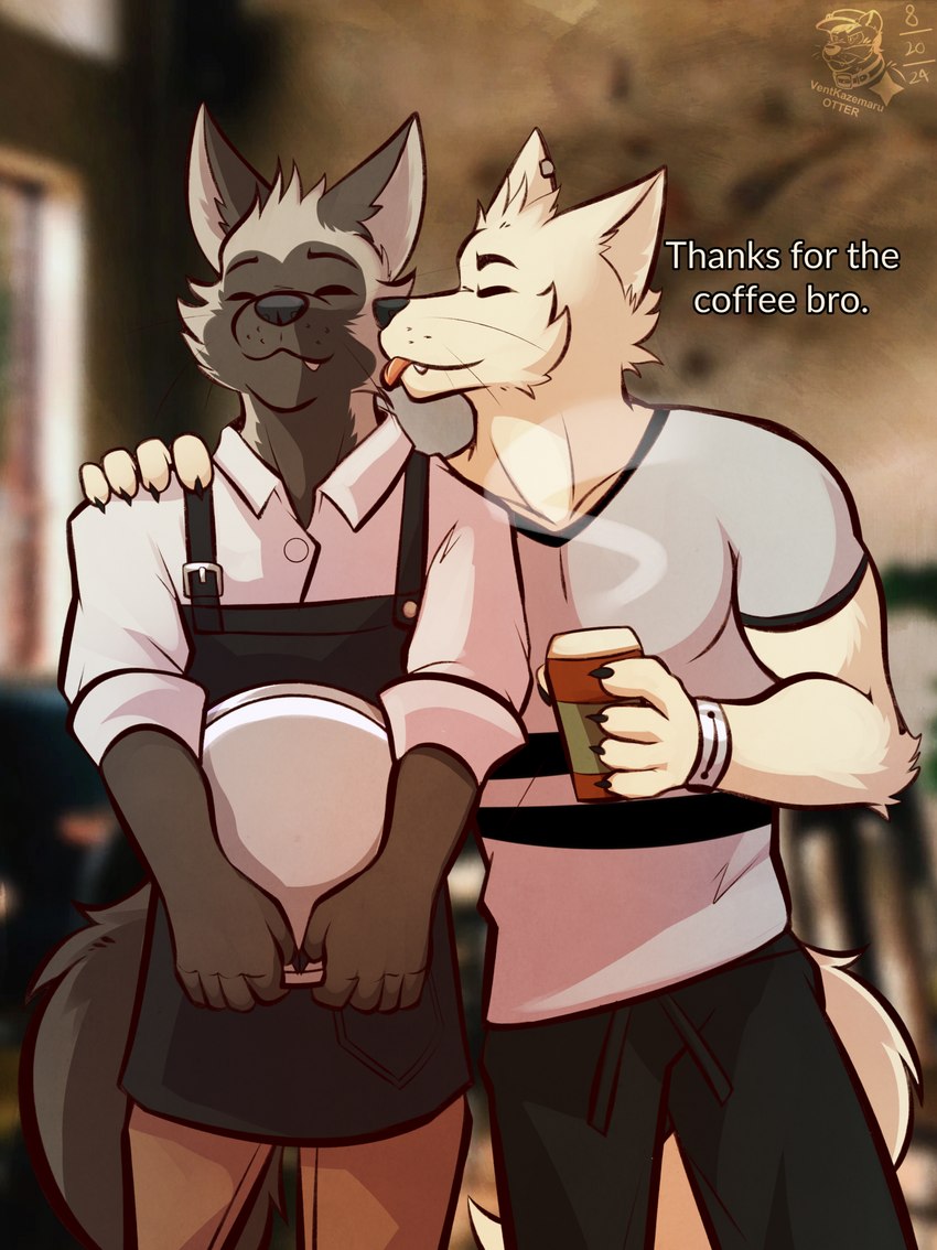 anthro barista beverage cheek_lick clothed clothing coffee coffee_shop duo face_lick licking male male/male tongue ventkazemaru remember_the_flowers ash_(remember_the_flowers) silver_(remember_the_flowers) arctic_fox canid canine fox mammal true_fox hi_res brother_(lore) brothers_(lore) sibling_(lore)