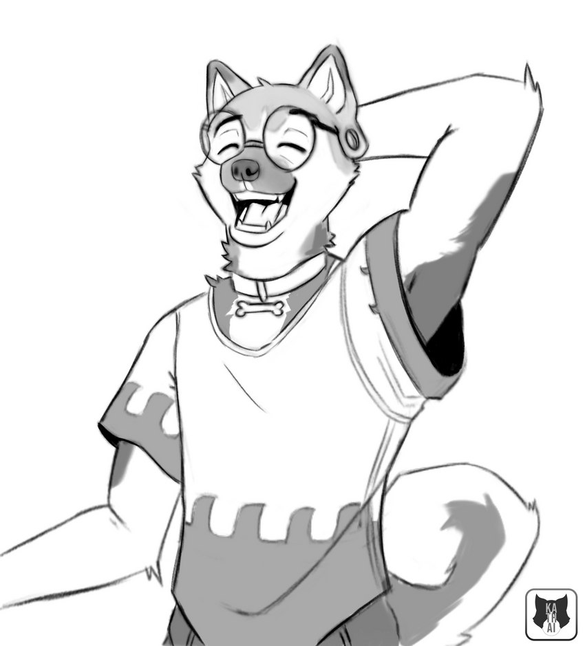 anthro clothing collar collarbone fur gael_akita male markings shy_pose solo spots spotted_body spotted_fur kathai akita akita_inu canid canine canis domestic_dog mammal spitz absurd_res digital_drawing_(artwork) digital_media_(artwork) half-length_portrait hi_res monochrome portrait sketch