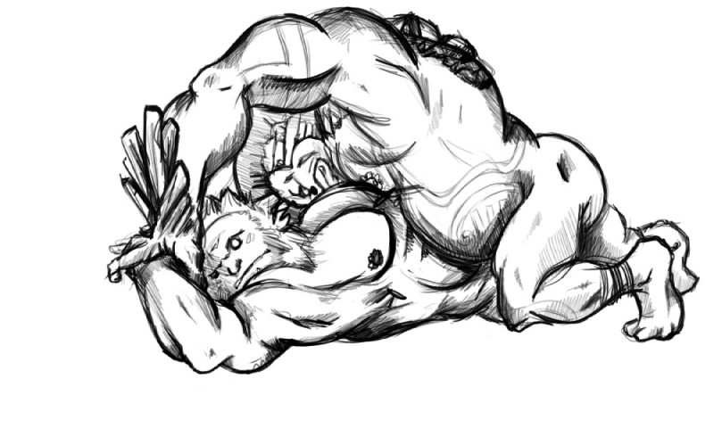 belly big_muscles duo humanoid_on_humanoid male male/male muscular muscular_male not_furry simple_background wrestling laviniarevolution556 nintendo ocarina_of_time the_legend_of_zelda darbus darunia goron humanoid 5:3 monochrome