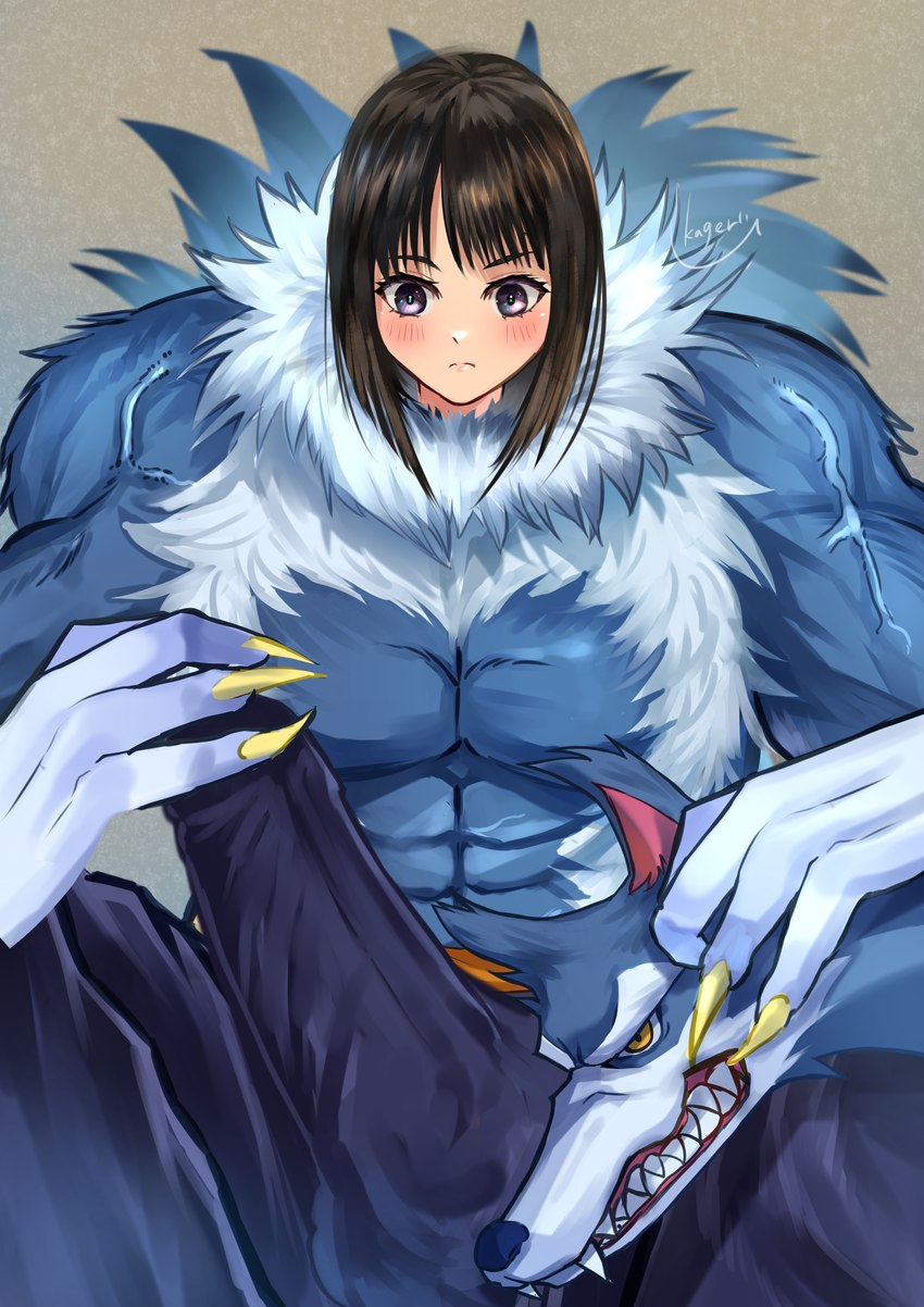 abs anthro big_penis biped blue_body blue_hair blush bottomwear bulge claws clothed clothing detailed_bulge erection erection_under_clothing female fingers fluffy fluffy_chest fur genitals hair identity_change identity_conversion identity_swap identity_theft male muscular muscular_anthro muscular_male pants_only pecs penis simple_background sitting skinsuit solo species_transformation suit suit_transformation teeth tight_clothing topless transformation tuft vein veiny_muscles white_body wolf_mask mofnyan capcom darkstalkers mythology jon_talbain animate_inanimate canid canine human living_clothing living_costume mammal mythological_canine mythological_creature werecanid werecanine werecreature werewolf 2024 absurd_res digital_media_(artwork) hi_res portrait three-quarter_portrait