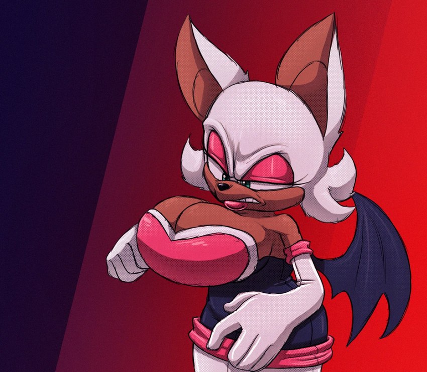 annoyed anthro armor big_breasts bodysuit breastplate breasts cleavage clothed clothing female gloves hammerspace handwear skinsuit solo text tight_clothing wings tascom sega sonic_the_hedgehog_(series) rouge_the_bat bat mammal 2023 colored digital_media_(artwork) hi_res shaded