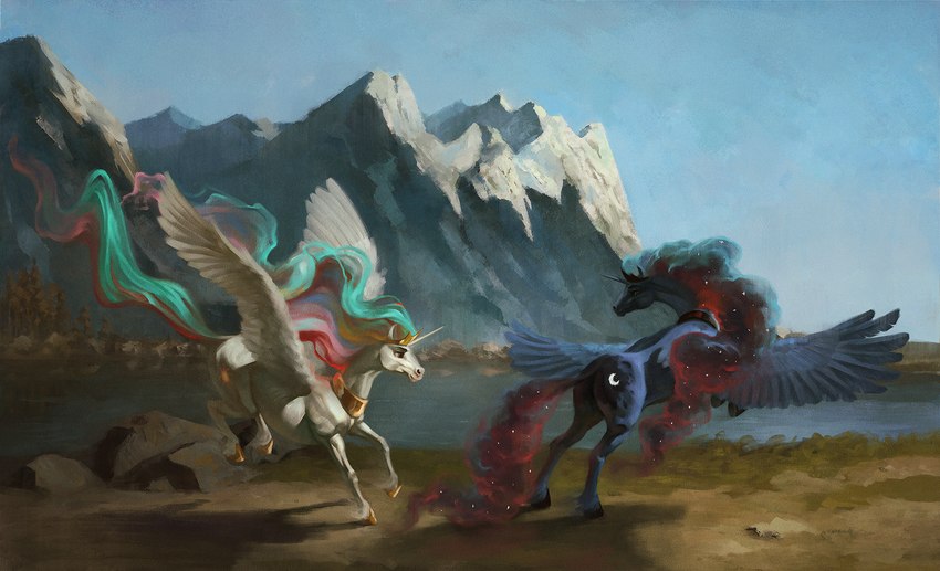 anthro boulder crown duo female feral headgear lake mountain plant princess river rock royalty scenery tree wings bra1neater friendship_is_magic hasbro my_little_pony mythology princess_celestia_(mlp) princess_luna_(mlp) equid equine horse mammal mythological_creature mythological_equine pegasus 2023 digital_media_(artwork) hi_res portrait