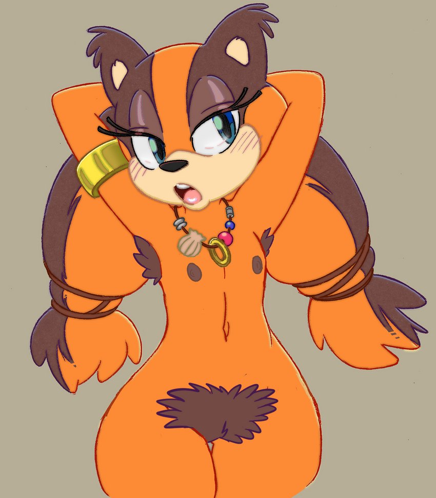 anthro armpit_hair blue_eyes blush body_hair clothed clothing female flat_chested fur hairy hairy_pussy hands_behind_head hyper_pubes jewelry midriff navel necklace open_mouth orange_body orange_fur pubes simple_background skimpy solo big-e6 third-party_edit sega sonic_boom sonic_the_hedgehog_(series) sticks_the_jungle_badger badger mammal mustelid musteline hi_res