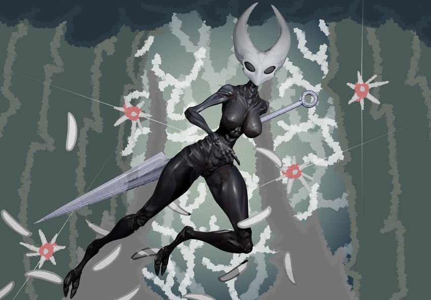 anthro black_body breasts detailed_background exoskeleton female looking_at_viewer nude solo weapon stikcs ghost0fonyx_(modeler) hollow_knight team_cherry hornet_(hollow_knight) arthropod 3d_(artwork) digital_media_(artwork) hi_res