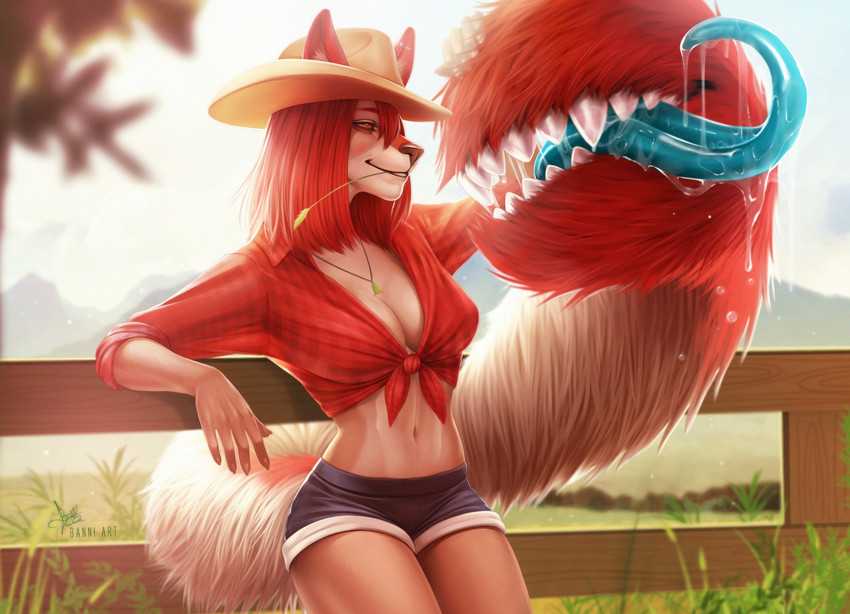 anthro belly bodily_fluids bottomwear breasts cleavage clothed clothing cowboy_hat cowgirl_outfit drooling female fence hat headgear headwear hotpants leaning_on_object navel ranch rancher reeds saliva shirt shorts solo tail tail_mouth teeth teeth_showing tied_shirt tongue tongue_out topwear unusual_anatomy unusual_tail banni_art legend_of_ahya ahya_(legend_of_ahya) taylor_renee_wolford_(darkflamewolf) canid canine canis mammal wolf hi_res