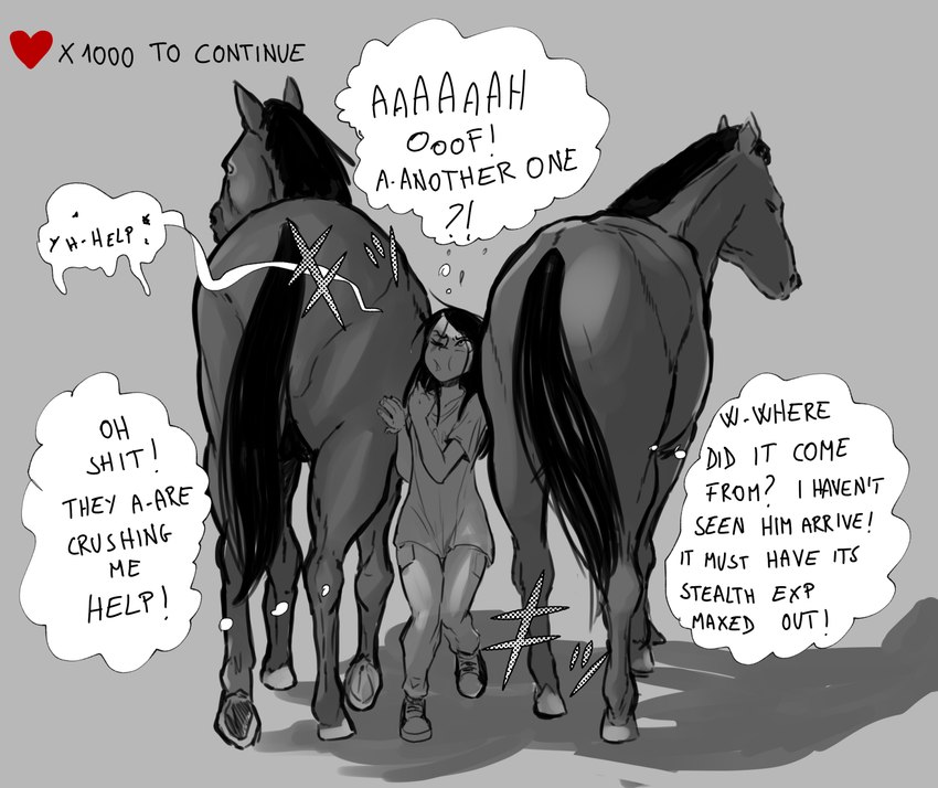 bestiality butt clothed clothing female female_on_feral feral fully_clothed group hair hooves human_on_feral interaction_drive interspecies larger_male male male/female rear_view size_difference smaller_female squish text trio sinsigat rachel_levi_(sinsigat) equid equine human mammal english_text hi_res monochrome