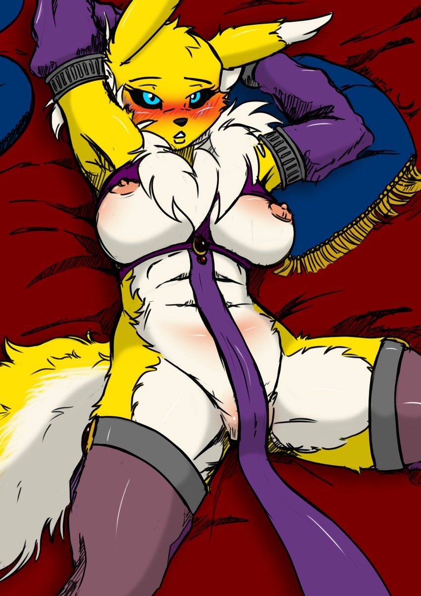 anthro armwear bed blue_eyes blush breasts clothed clothed_anthro clothed_female clothing detached_sleeves detailed_background eyelashes female female_anthro fluffy fluffy_tail fur furniture harem_outfit lying lying_on_bed multicolored_body multicolored_fur nipples on_bed open_mouth partially_clothed solo tail two_tone_body two_tone_fur white_body white_fur yellow_body yellow_fur third-party_edit yawg bandai_namco digimon legend_of_jenny_and_renamon canid digimon_(species) mammal renamon colored hi_res