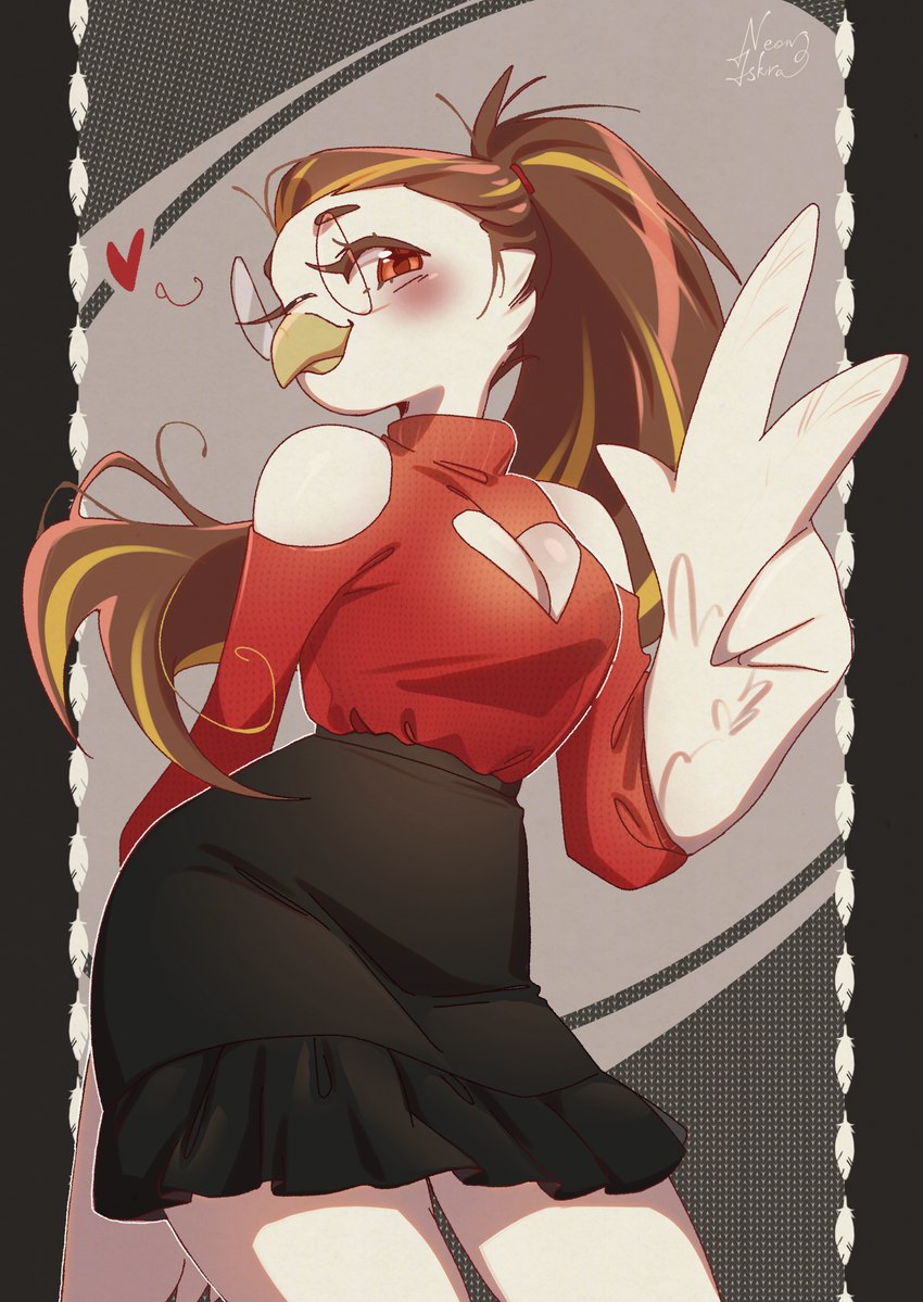 anthro black_bottomwear black_clothing black_skirt blush bottomwear brown_hair cleavage_cutout clothing cutout eyelashes eyewear feathers female gesture glasses hair hand_gesture heart_clothing heart_symbol highlights_(coloring) ponytail red_clothing red_eyes simple_background skirt smile smiling_at_viewer solo v_sign white_body white_feathers neon-chan may_(crimsir) avian bird hi_res