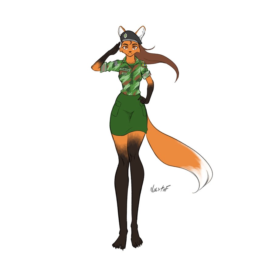 anthro army army_uniform barefoot biped brazil brazilian brazilian_flag clothed clothing feet female gesture gloves_(marking) leg_markings looking_at_viewer markings multicolored_body salute simple_background socks_(marking) solo two_tone_body naythf miranda_(naythf) canid canine mammal maned_wolf 1:1 absurd_res hi_res