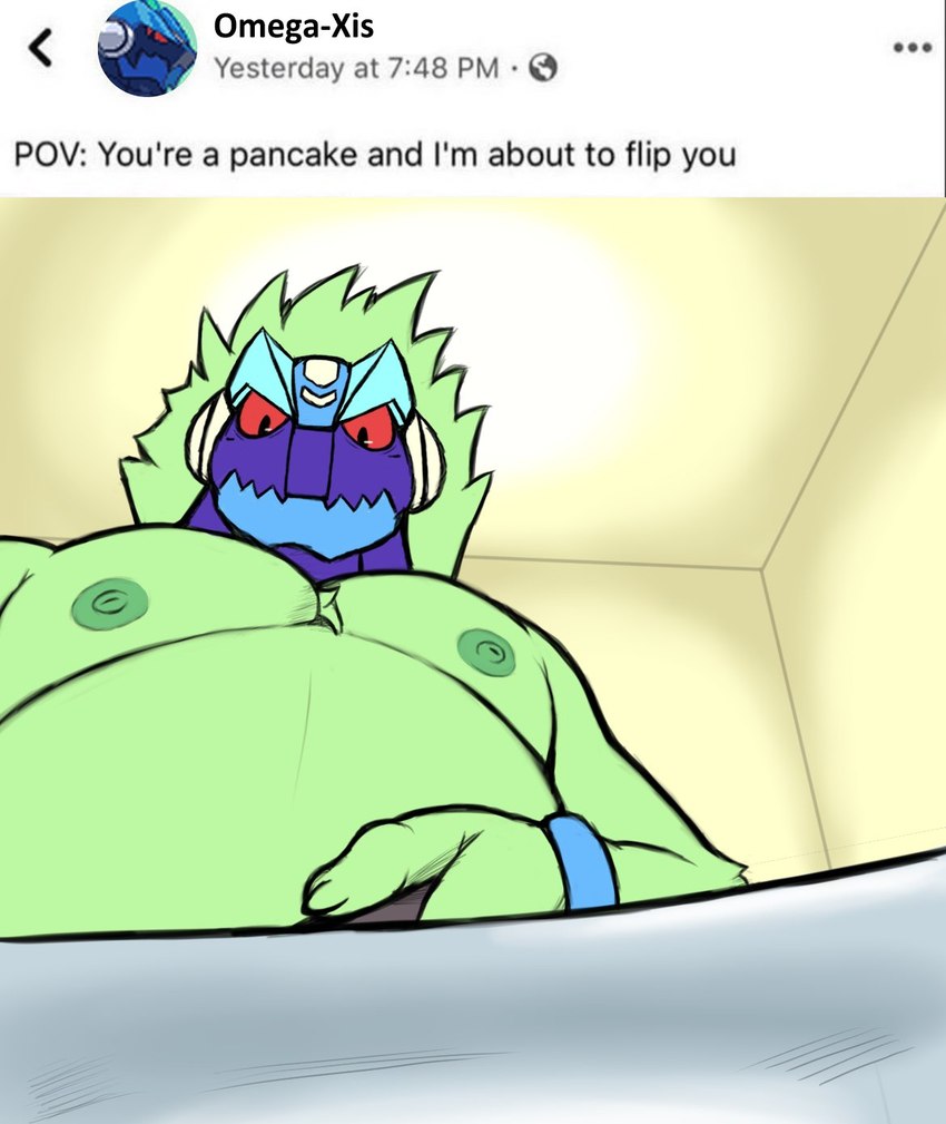 anthro anthrofied blue_head green_body looking_at_viewer male nipples overweight overweight_anthro overweight_male red_sclera social_media solo text smush-sin capcom mega_man_(series) you're_a_pancake_and_i'm_about_to_flip_you omega-xis alien canid canine em_being mammal 2025 draw_over english_text hi_res meme