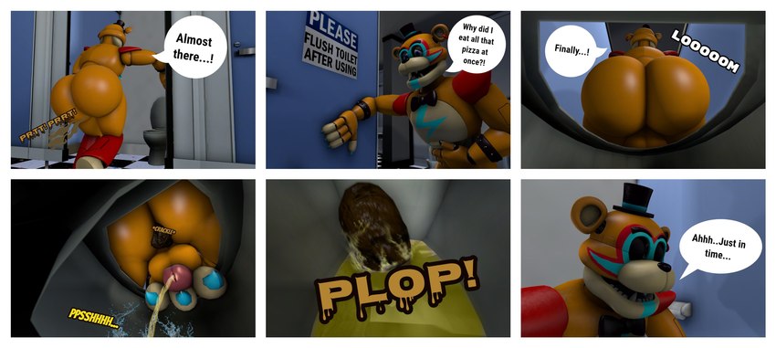 anthro balls bathroom big_butt blue_eyes blue_nails bodily_fluids bow_tie brown_body butt claws clothing colored_nails dialogue ear_piercing ear_ring eyes_closed fangs fart fart_cloud fart_fetish feces genital_fluids genitals hat headgear headwear holding_penis machine male nails onomatopoeia peeing penis piercing pooping public_restroom ring_piercing scatplay solo sound_effects speech_bubble teeth text toilet toilet_use top_hat urine watersports what what_has_science_done where_is_your_god_now why joemike five_nights_at_freddy's five_nights_at_freddy's:_security_breach scottgames steel_wool_studios glamrock_freddy animatronic bear mammal robot 3d_(artwork) comic digital_media_(artwork) english_text hi_res source_filmmaker_(artwork)