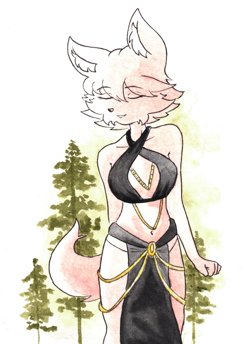 anthro bottomwear breasts cheek_tuft clothed clothing collar collarbone curled_hair eyes_closed facial_tuft female fog hair inner_ear_fluff northwind seductive short_hair skirt small_breasts smile solo tail tuft efradraws meme_clothing northwind_(efradraws) kasni_(efradraws) canid canine canis mammal wolf absurd_res hi_res meme painting_(artwork) traditional_media_(artwork) watercolor_(artwork)