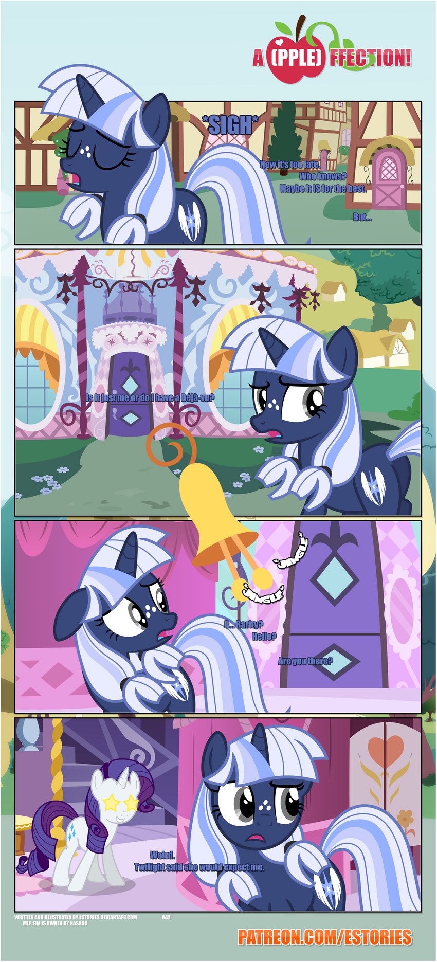 bangs bell black_border border carousel_boutique cutie_mark dialogue door duo ears_down eyes_closed female feral flower freckled_face freckles frown horn inside looking_around outside pivoted_ears plant ringing_bell shrub smile stairs starry_eyes swinging_door estories friendship_is_magic hasbro my_little_pony mythology rarity_(mlp) silverlay_(estories) equid equine mammal mythological_creature mythological_equine unicorn absurd_res hi_res