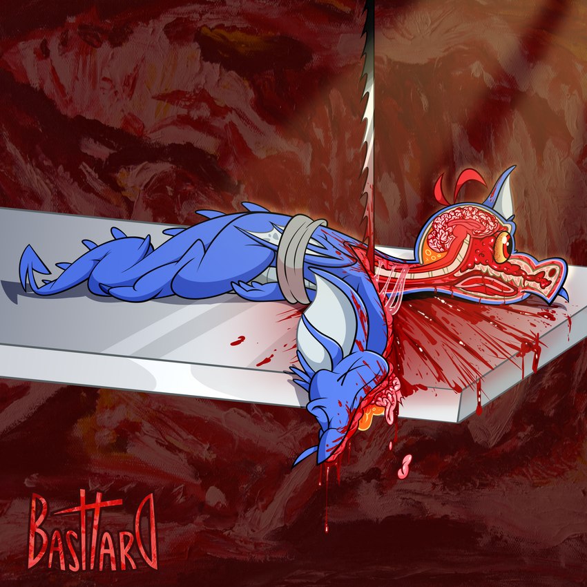 3_fingers ambiguous_feral ambiguous_gender bisected blood blood_drip blood_string blue_body blue_claws blue_ears blue_scales blue_tail blue_wings bodily_fluids bone brain brain_matter claws countershading death dripping esophagus feet feral fingers flesh gore hair membrane_(anatomy) membranous_wings mouth_closed organs red_background red_eyes red_hair restrained saw scales simple_background skull snout solo spade_tail spinal_cord strapped_down tail toe_claws toes tongue tools ventral_scales wings x_eyes yellow_sclera basttard francis_bacon mythology neopets dragon draik_(neopets) mythological_creature mythological_scalie neopet_(species) scalie 1:1 2024 absurd_res hi_res signature