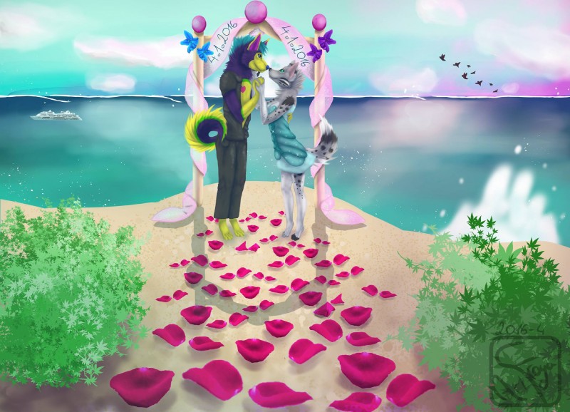 anthro beach boat clothing countershade_border detailed_background dress duo female fur male married outside petals romantic romantic_ambiance rose_petals sand seaside sky vehicle water watercraft wave wedding fraya.diblidu fraya_diblidu pinki-husky avian bird canid canine canis domestic_dog husky mammal nordic_sled_dog spitz wolf hi_res