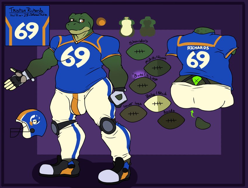 bulge butt cleats clothing exposed_back fingerless_gloves football_helmet football_jersey football_player football_uniform gloves handwear knee_pads male muscular overweight stocky sylvanedadeer tristan_richards american_bullfrog amphibian frog absurd_res hi_res