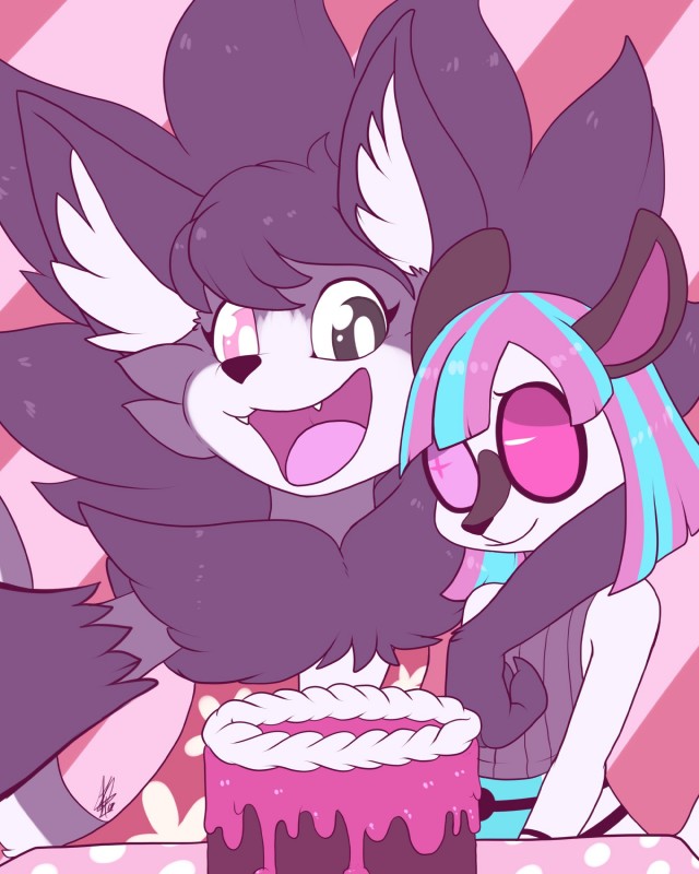 anthro cake clothing cute_fangs dessert duo eyewear fangs female food goggles hair happy heterochromia inner_ear_fluff looking_at_viewer open_mouth teeth topwear tuft shikaro floraverse lily_(floraverse) neon_(floraverse) bovid caprine domestic_cat felid feline felis goat hybrid mammal pantherine tiger 4:5 absurd_res hi_res purple_theme trans_(lore) trans_woman_(lore)