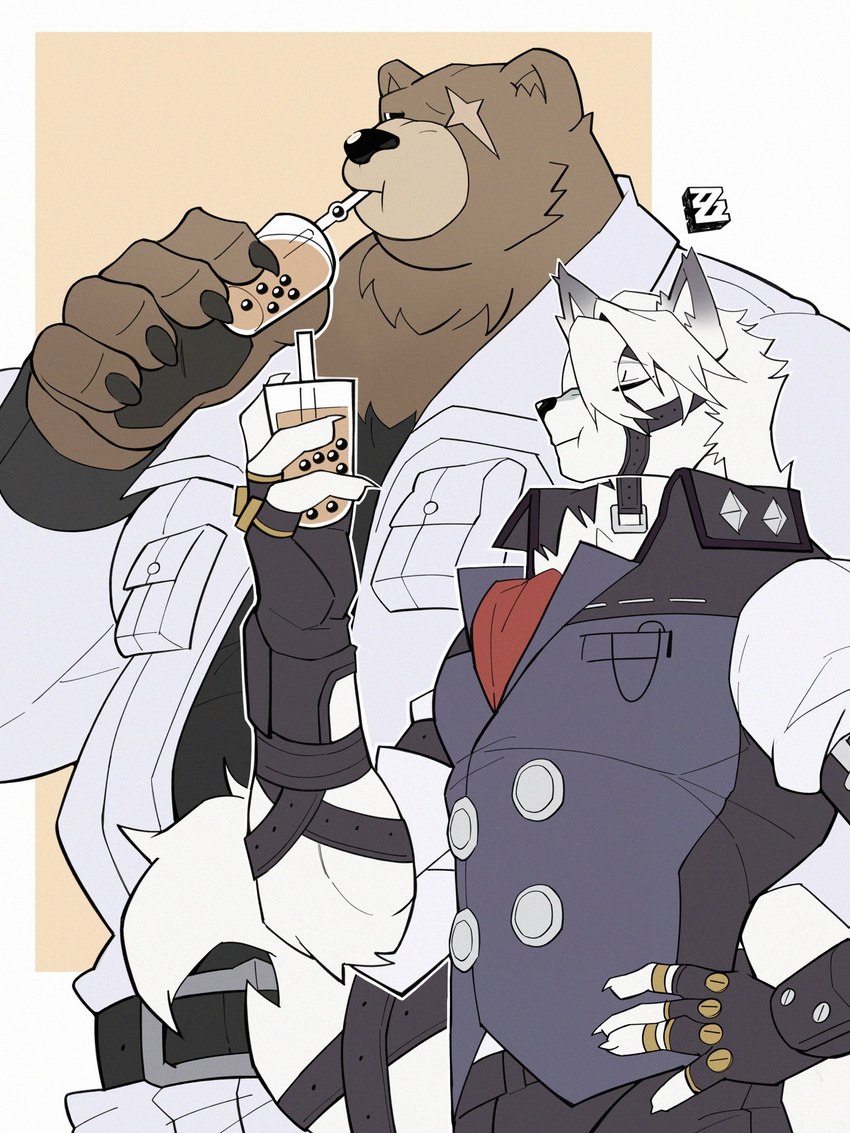 anthro ascot beverage bottomwear brown_body brown_fur bubble_tea clothing drinking duo facial_scar fur jacket male missing_eye pants pawpads scar size_difference topwear vest white_body white_bottomwear white_clothing white_fur white_jacket white_pants white_topwear hachi_duchi mihoyo zenless_zone_zero ben_bigger von_lycaon bear canid canine canis mammal wolf 3:4 hi_res