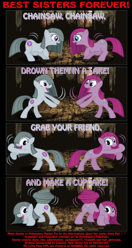 blue_eyes cutie_mark duo female feral grey_hair hair pink_hair purple_eyes quadruped singing smile tail text ponymaan cupcakes_(mlp_fanfic) friendship_is_magic hasbro my_little_pony marble_pie_(mlp) pinkamena_(mlp) pinkie_pie_(mlp) earth_pony equid equine horse mammal pony english_text hi_res sibling_(lore)