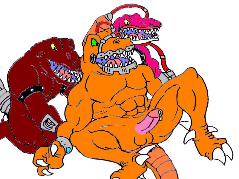 abs anthro armor athletic balls biceps bodily_fluids bracelet brown_body brown_skin claws cum cum_string erection fangs genital_fluids genitals green_eyes group humanoid_genitalia humanoid_penis jewelry kneeling leaking male male/male muscular nude open_mouth pecs penis pink_body pink_skin pose precum presenting scales sitting spread_legs spreading tail teeth toe_claws tongue yellow_eyes unknown_artist extreme_dinosaurs bad_rap haxx spittor dinosaur dromaeosaurid prehistoric_species reptile scalie theropod velociraptor