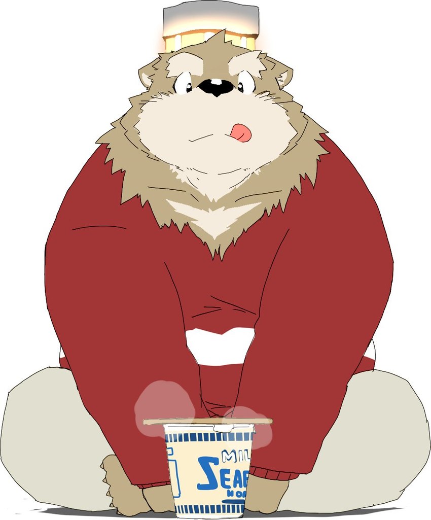 anthro belly big_belly black_nose bottomwear brown_body brown_fur clothing food fur kemono male noodles overweight overweight_male pants sitting solo sweater tongue tongue_out topwear kisukemk777 bear mammal 2021